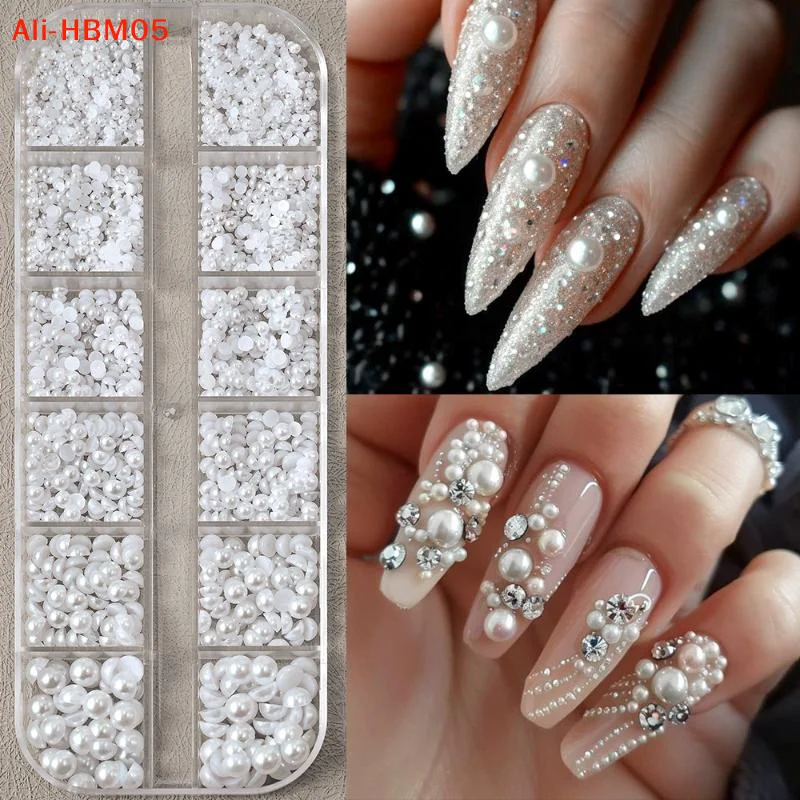 (HB05) 12 Grid Mixed Flat Bottomed Pearl Half Round Rhinestones 3D Nail Decoration Nail Jewelry Nail Charm Manicure Art