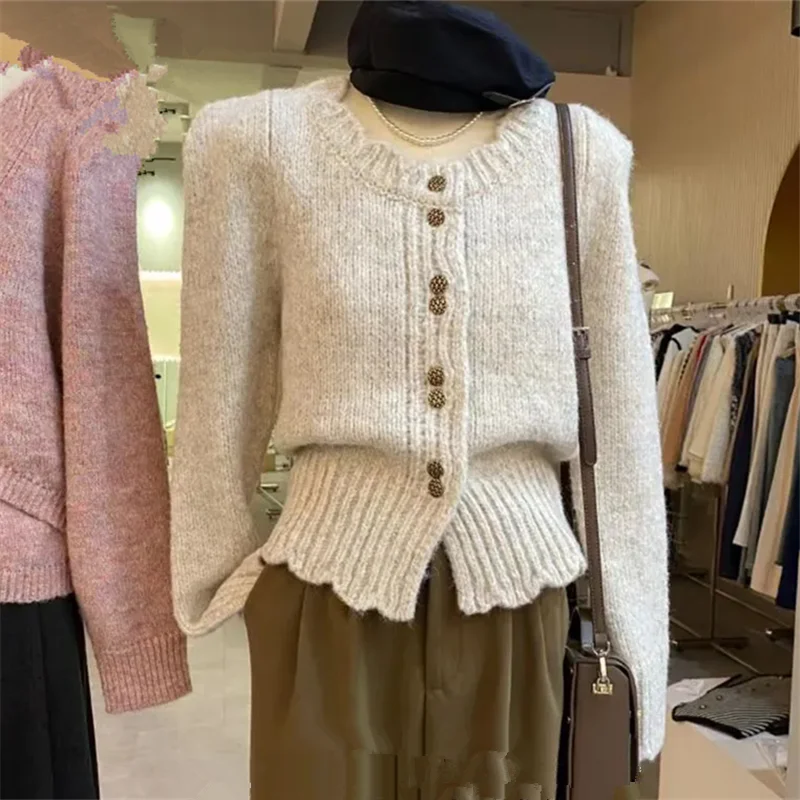 

Autumn Winter New Women O-Neck Knitted Cardigan Fashion Solid Color Short Slim Tops Female Long Sleeves Knitwear Sweater B1478