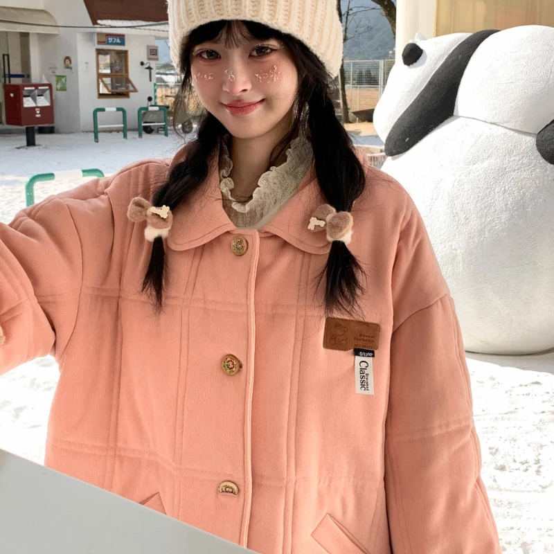 2024 New Winter Sweet Cute College Wind Light Orange Lapel Pocket Loose Cotton Coat For Girls