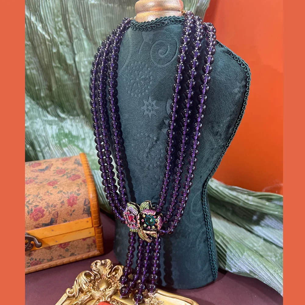 

Винтажное длинное трехслойное ожерелье-цепочка с аметистом, фиолетовыми хрустальными бусинами и подвеской-кисточкой, женское колье