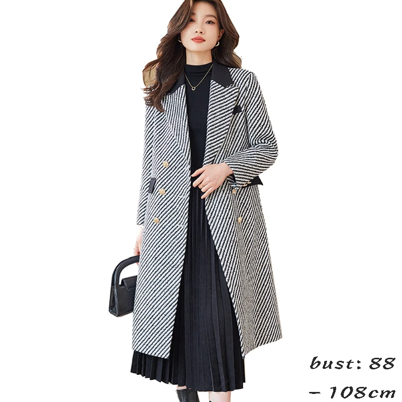 

High quality wool blend long trench coat for women double breasted new winter 2024 elegant clothes - black and white striped