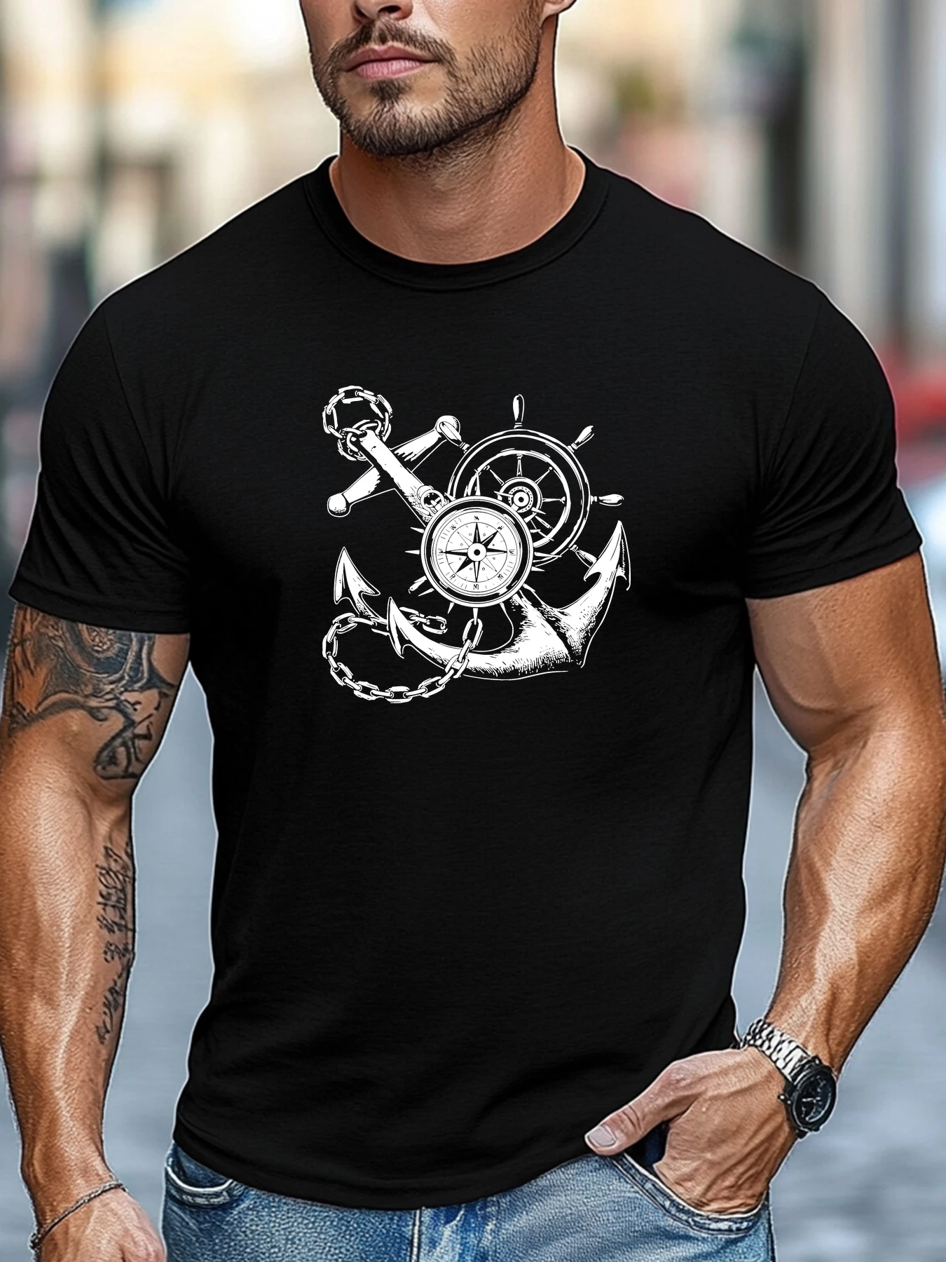 Men Mustard Yellow Crew Neck Tee Nautical Anchor Wheel Compass Sketch Graphic Soft Short Sleeve Sailor Marine Daily Male Tops