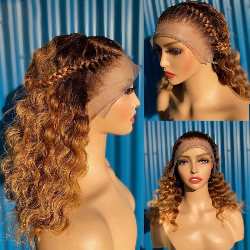 Soft Preplucked 26Inch 180%Density Ombre Honey Blonde Kinky Curly Lace Front Wig With BabyHair Synthetic Heat Temperature Daily