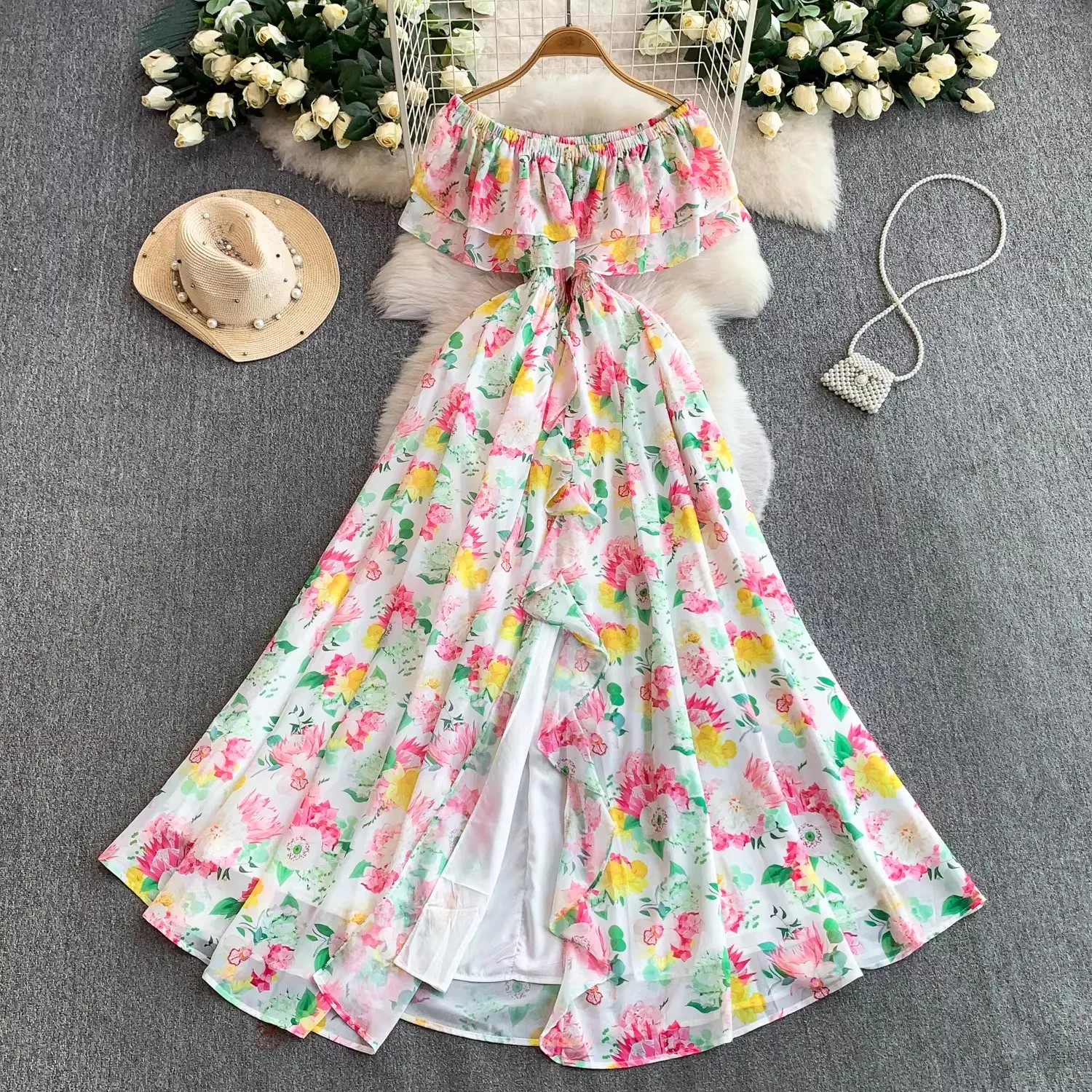 

Летнее сексуальное платье с открытыми плечами и вырезом-лодочкой, с рюшами, для пляжных вечеринок, элегантное женское модное платье с цветочным принтом, плиссированное, длинное, для отпуска