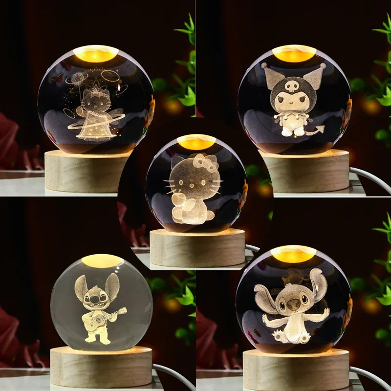 

Sanrio 6cm 3D Crystal Ball Stitch Hello Kitty Kuromi Princess Crystal Planet Night Light Laser Carving Children's Gifts