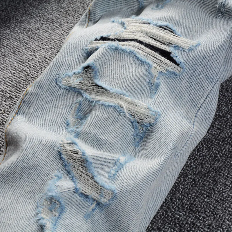 Streetwear Fashion Men Jeans High Quality Retro Light Blue Stretch Slim Ripped Jeans Men Patched Designer Vintage Denim Pants