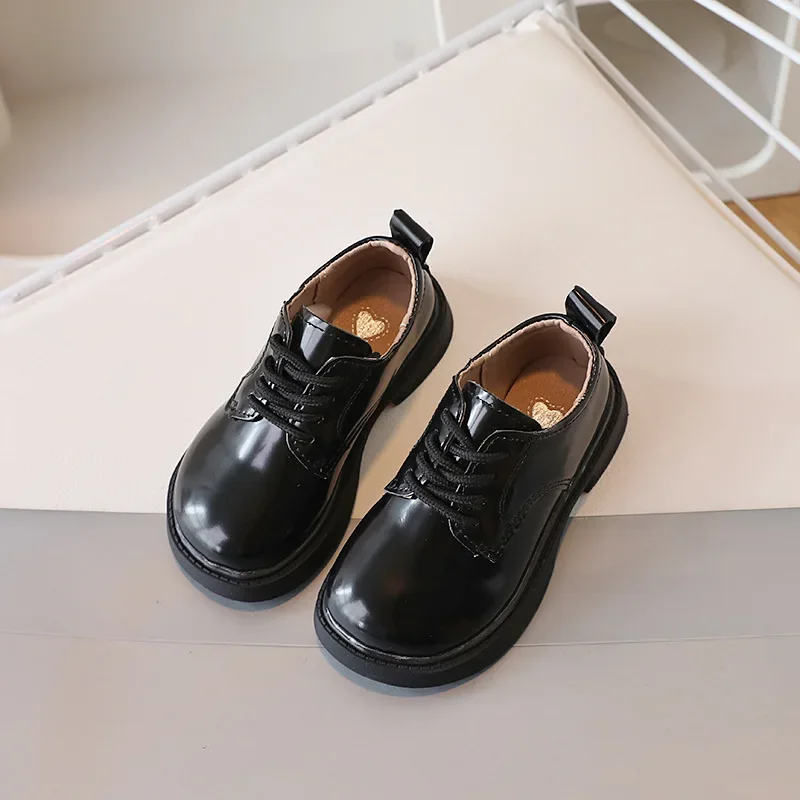 British Style Boys Leather Shoes Round Toe Lace-up Girls Shoes Black White Kids Performance Formal Shoes Fashion School Loafers