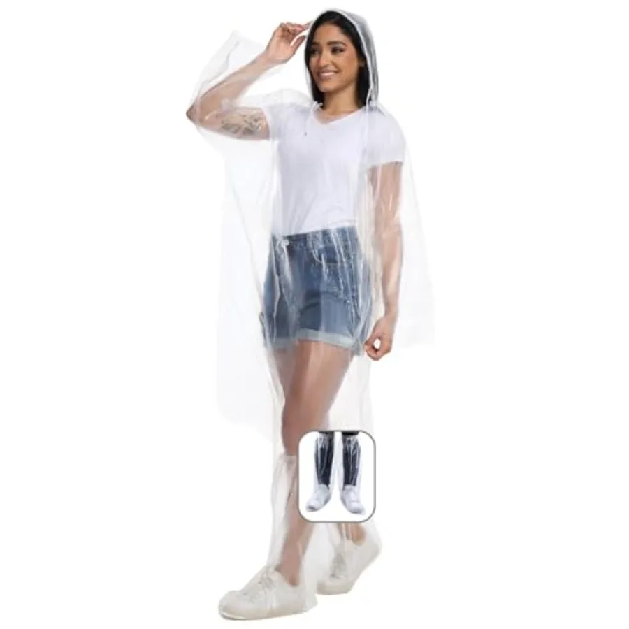 

Disposable Rain Ponchos for Adults 3 Pack Raincoat Set - Emergency Clear Poncho with Hoods and Waterproof Boot Covers