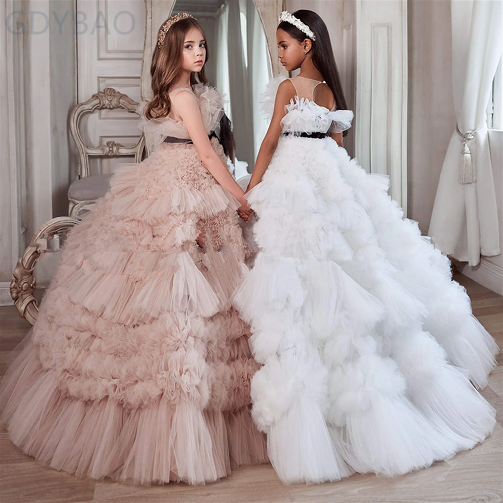 

Communion Dress For Wedding Appliques Flower Girl Dresses White Tulle Lace Cute Beading Ball Gown For Baby Birthday