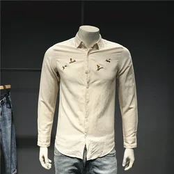 Vintage Chinese Style Men Spring Autumn New Lapel Embroid Single Breasted Fashion Trend Business Casual Long Sleeve Shirts Tops