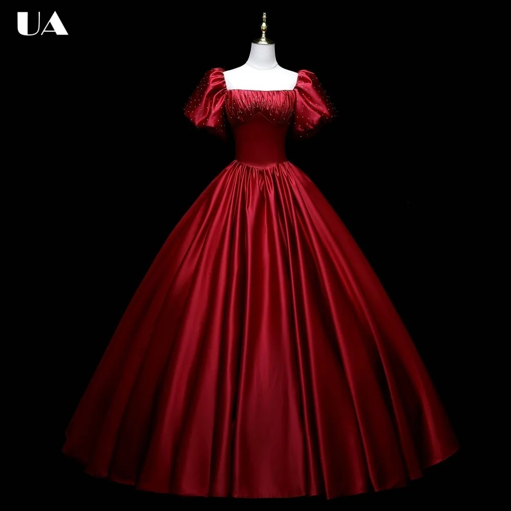 ULBYANRY Maßgeschneidertes Satin A-Linien Abendkleid mit Puffärmeln für Damen, Exquisites Verziertes Partykleid, Elegantes Einfarbiges Ballkleid