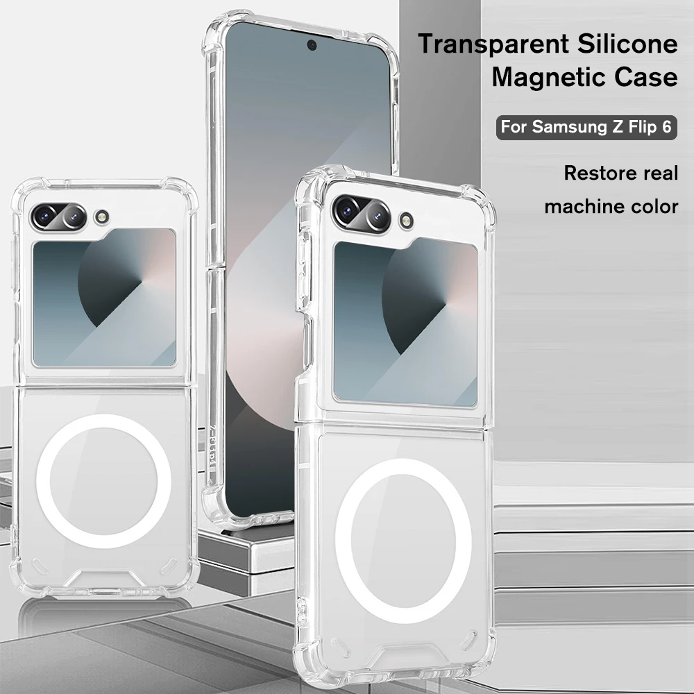 Sumsung ZFlip 6 Transparent Silicone Magnetic Flip Phone Case For Samsung Galaxy Z Flip6 5G Full Lens Protector Shell ZFlip6 Z6