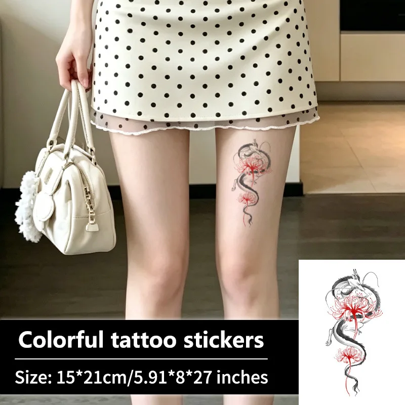 Red Lotus Ink Splash Tattoo Sticker Abstract Line Lotus Colorful Waterproof Temporary Tattoo for Arm Forearm Women Men