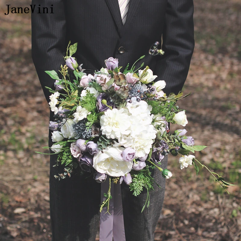 

JaneVini New Elegant Purple White Bridal Hand Bouquets Artificial Silk Roses Western Wedding Bride Bouquet Flower Ramo De Boda