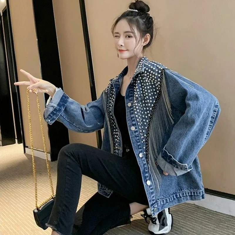 แจ็คเก็ตยีนส์ผู้หญิงแบบหนา แต่งพู่ห้อย สไตล์สตรีทสุดเท่ ฤดูใบไม้ผลิ 2025 แฟชั่นลำลองสุดอินเทรนด์ ฮิตใน TikTok