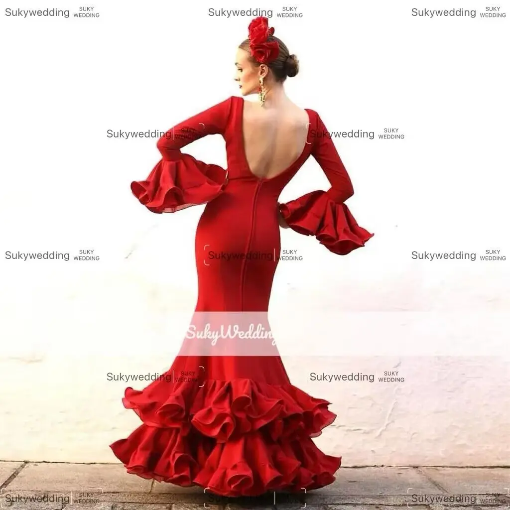 Red Flamenca Prom Dress Dancing Dress for Women Evening Long Flare Sleeves Retro Palace Party Gowns Occasion Gowns Customized