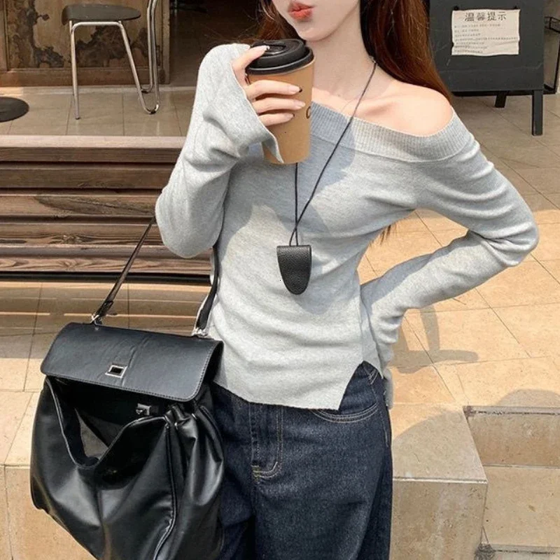 

Solid Sexy Pullovers Women Off Shoulder Cropped Basic Clothes Autumn All-match Side Slit Simple Tender Slim Women Tops