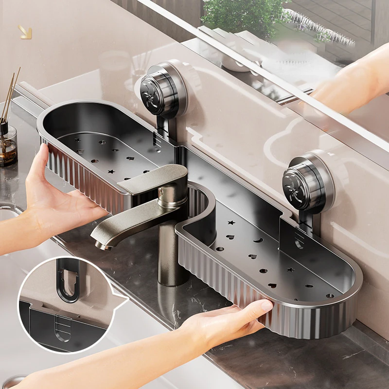 رف حوض كوب الشفط المنزلي بدون حفر، منظم تصريف الصنبور المثبت على الحائط، نماذج عالمية، قطعة واحدة