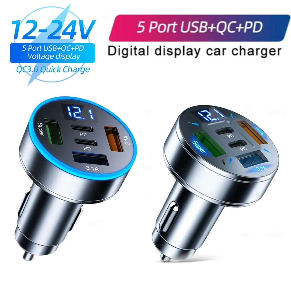 Car Charger 250W 3 Ports USB 2 Ports PD Super Fast Charging Adapter for IPhone 15 Samsung Xiaomi Phone Quick Chargers