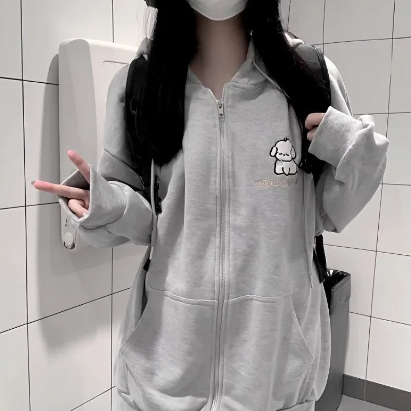 

Streetwear Girl Preppy Style Hooded Sweatshirt Loose Dog Embroidered Zipper Hoodie Autumn Winter Long Sleeved Jacket Loose Tops