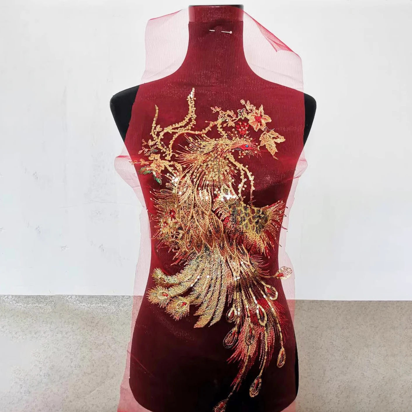 1Pc Sequins Peacock Phoenix Mesh Embroidery Cloth Patch Applique Cheongsam Dress Stage DIY Repair Accessories