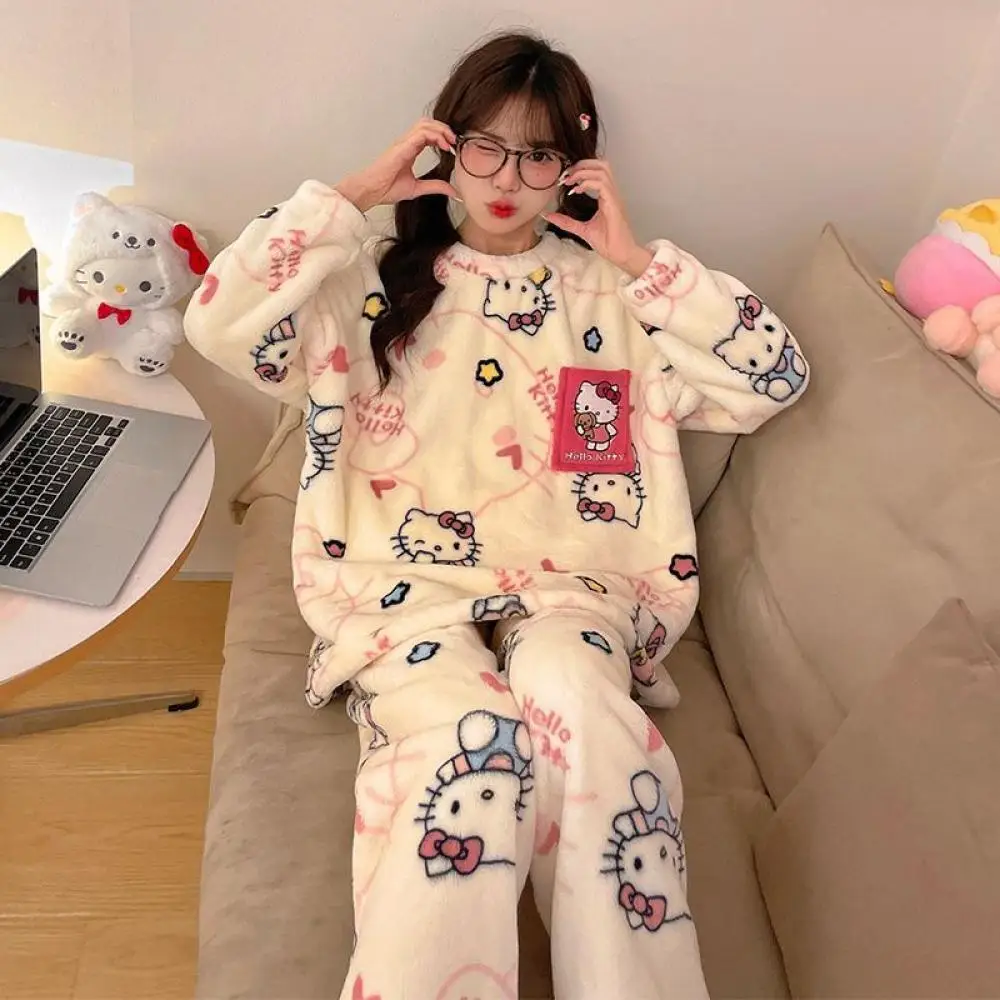 Cartoon Hello Kitty Anime Women Pajamas Suit Anime Winter Girls Coral Fleece Sleepclothes Flannel Velvet Thicken Homewear Suit