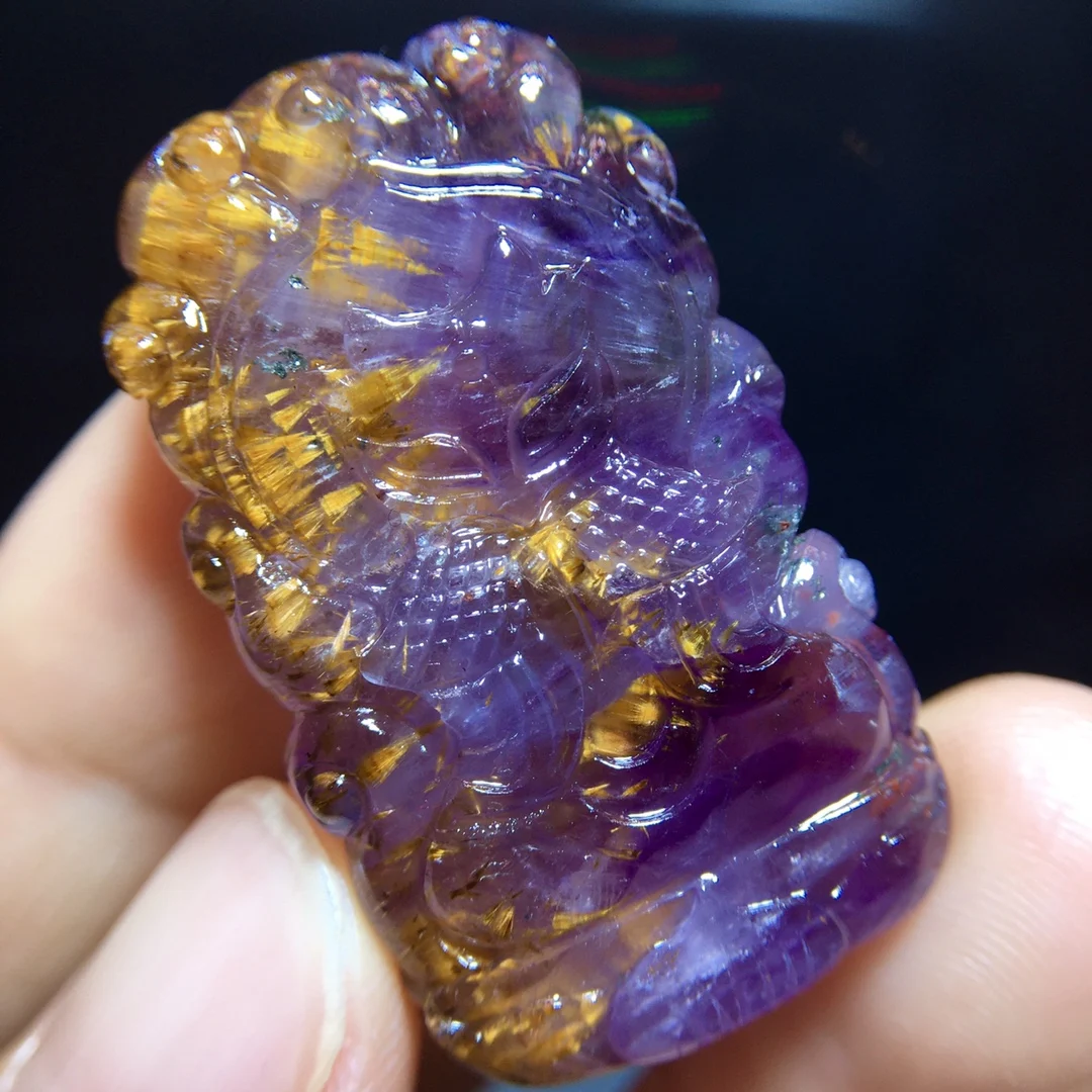 

Natural Purple Cacoxenite Red Auralite 23 Fox Pendant Fox 36.5/22/7.6mm Gold Rutilated Beads Jewelry AAAAA