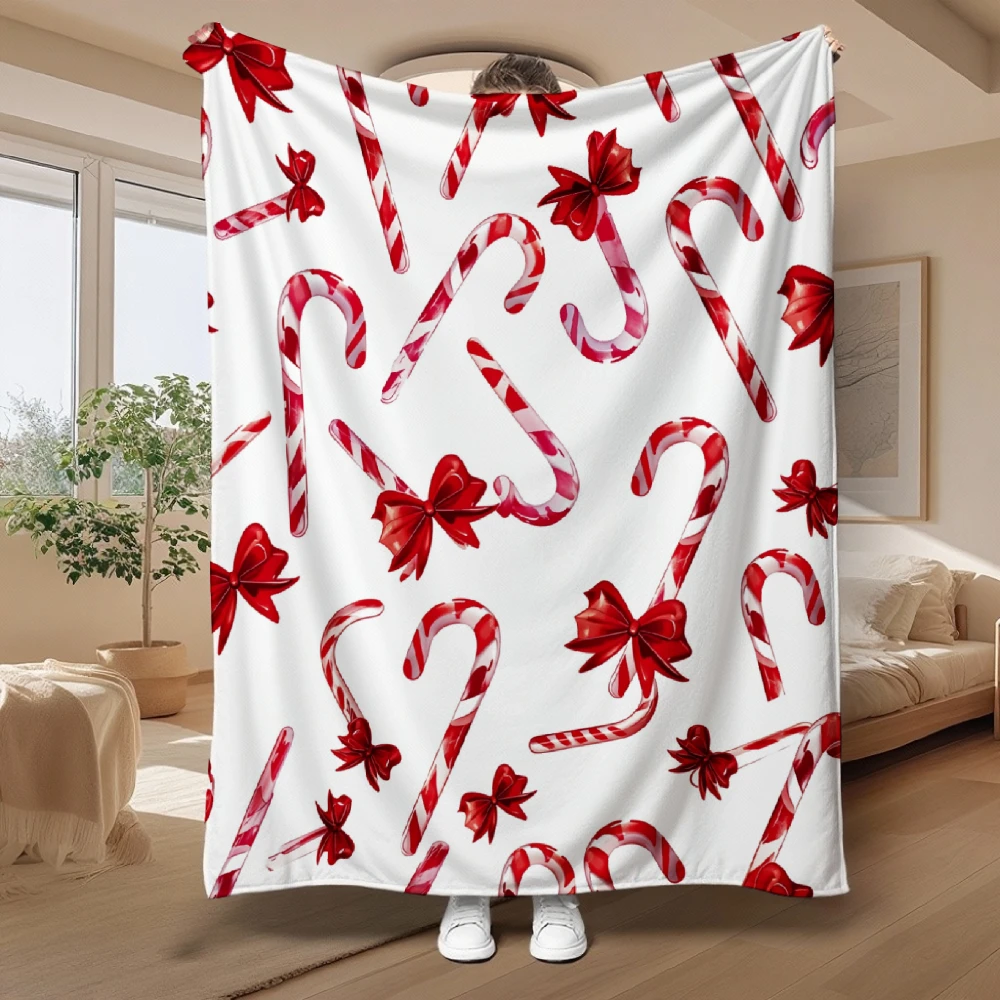 Candy Cane And Red Bow Pattern, Christmas Gift for Her, Soft Fleece Blanket, Festive Holiday Home Decor, Cozy Multi-Purpose Thro
