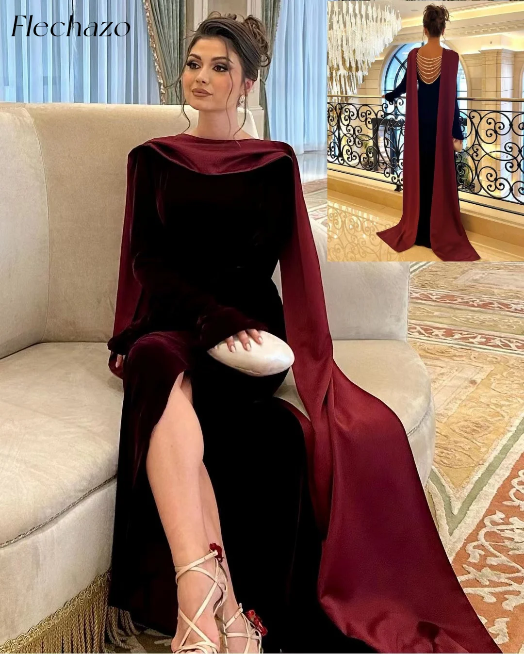 

Flechazo Wine Red Velour Evening Dresses Backless Pearls Floor-Length Wedding Party Dress For Women 2024 vestidos para mujer