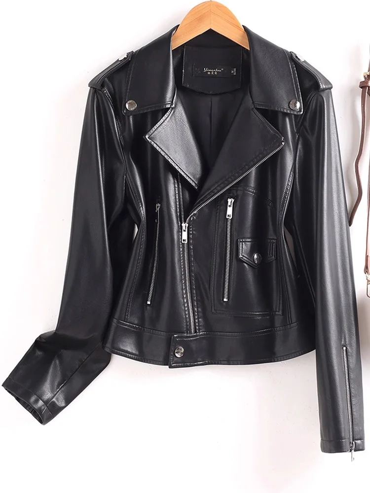 New Women Split Leather Biker Jacket Spring Autumn Fashion Notched Collar Long Sleeve Short Leather Coat Casual Outerwear Female