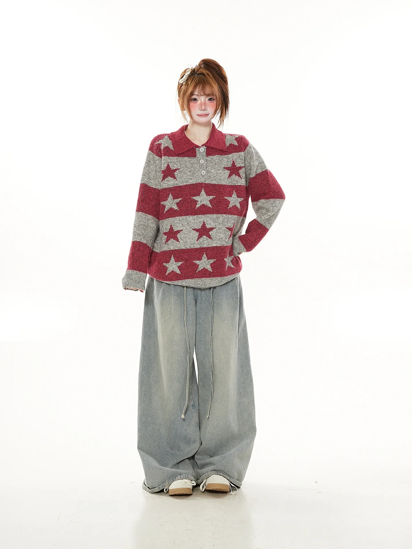 

Американский ретро-свитер с воротником, вязаный, женский, свободный крой, с звездами и полосками, весна-осень, уютный, для пар, трикотаж