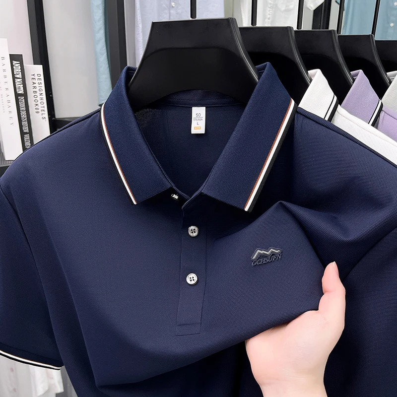 High end brand letter embossed short sleeve polo shirt men's summer new breathable ice silk luxurious comfort casual T-shirt
