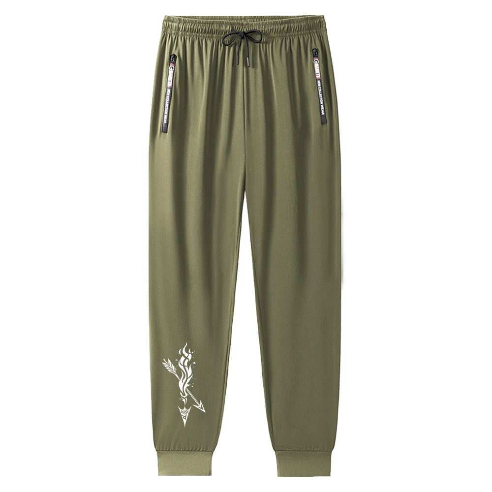 Men's Ice Silk Joggers Flaming Arrow Print Sweatpants Streetwear Casual Black Tracksuit Pants Summer Thin Trousers Gothic Style