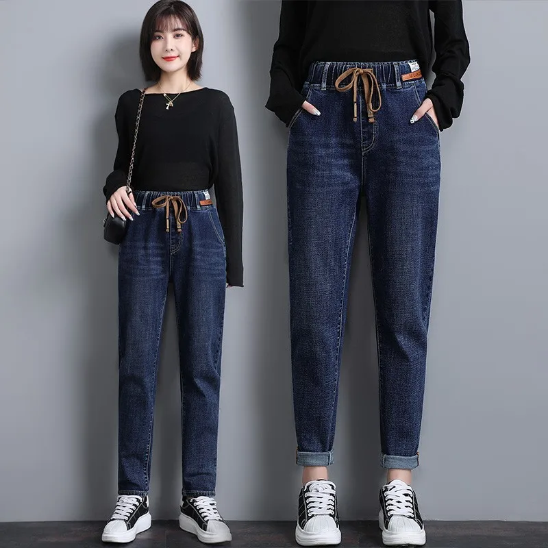 

Loose Women's Jeans High Waist Cotton Stretch Denim Spring Autumn New Sle Straight Leg Elastic Waist Large Size Dad Pants