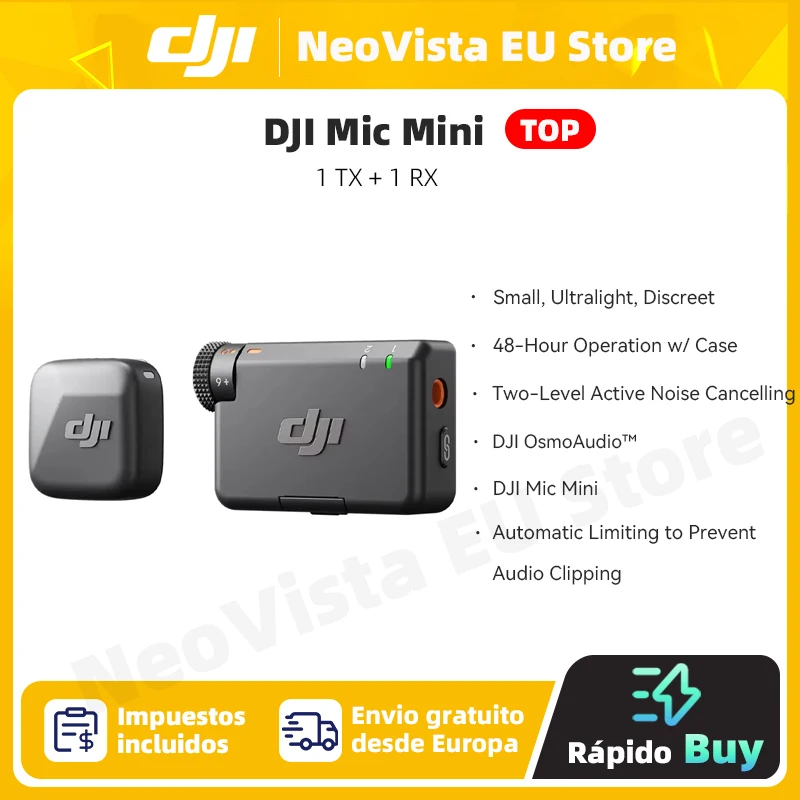 DJI Mic Mini Microfone Sem Fio, Áudio Ultraleve Rico em Detalhes, Cancelamento de Ruído, Limitação Automática, Mic Mini, 1 TX + 1 RX