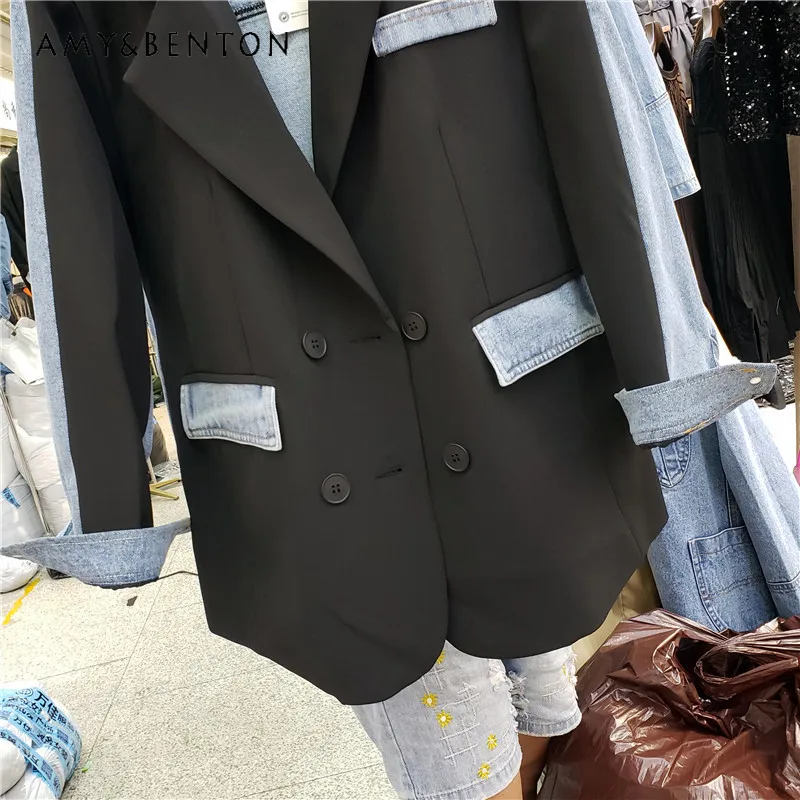 Spring Autumn New Commute Style Temperament Casual Suit Jacket Korean Ins Fashion Contrast Personality Denim Splicing Coat Women