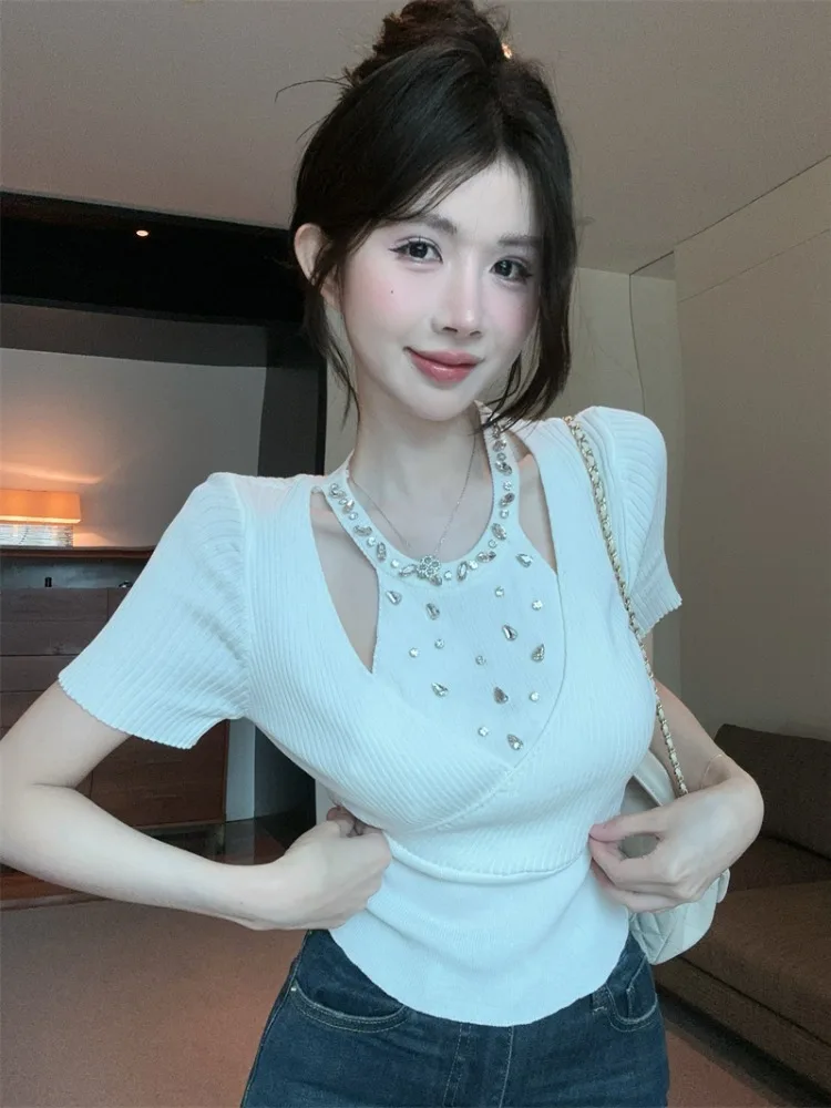

Summer Slim Fit Short Sleeve T-Shirt Rhinestone Patchwork Knitted Pure Desire Versatile Outerwear Top for Young Women
