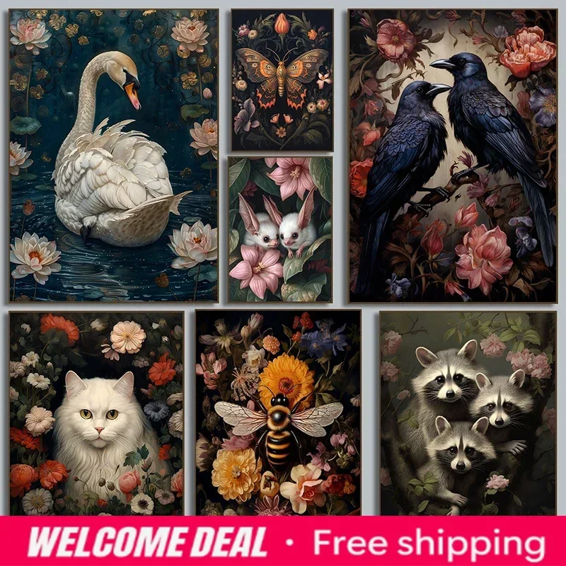 2026  frameless Diamond painting Dark Academia Plant Flower Animal Moth Fox Albino Fruit Bats Hare Poster Diamond Printing Moo