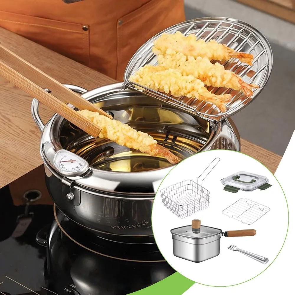 

Portable Stainless Steel Frying Pan Square Shape Non-Stick Cooking Pot with Basket Camping Cookware Set Pasta