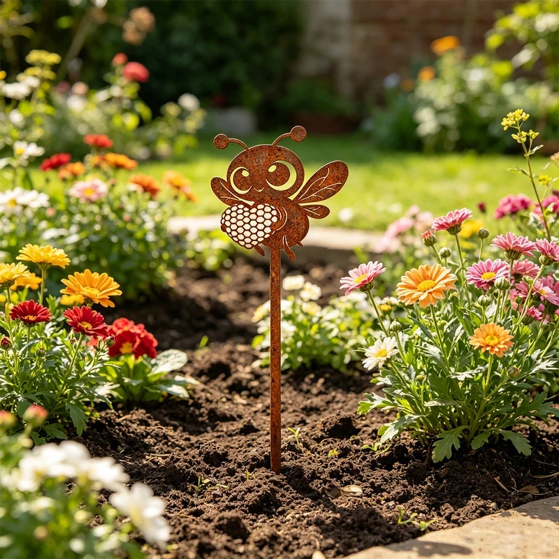 1Pc Iron Garden Decoration Stake, Bee-Shaped Garden Stake, Cute Cartoon Image of a Little Bee Holding a Beehive, Garden Elf,