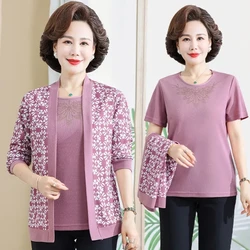 Top-Grade Middle Aged Mother Long Sleeve Cardigan Shirts 2PCS Spring Autumn Fashion Women Knitted T-Shirt Tops And Female 5XL