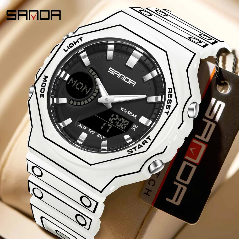 SANDA Casual Sports Male Electronic Wristwatch Dual Screen Display Waterproof Multifunction Military‑style Digital Watch Reloj H