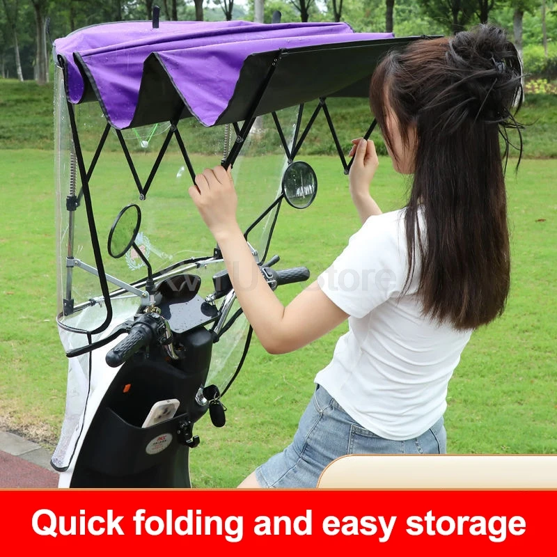 Electric Bike Canopy with Rearview Mirror Motorcycle Scooter Enlarge Canopy Wind Rain Protection Retractable Sunshade Umbrella