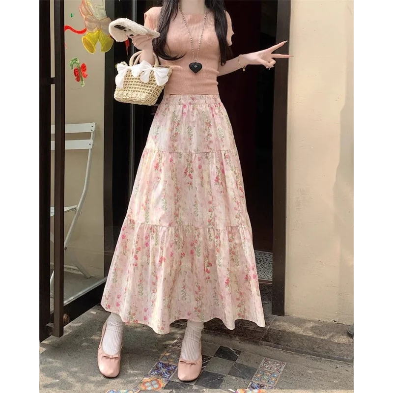 레트로 플로럴 플리츠 스커트 여성용 신상품 신축성 있는 허리 슬림 A라인 미디길이 큰 스윙 우산 스커트