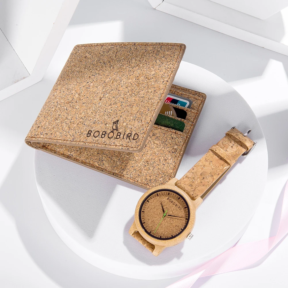 BOBO BIRD-Reloj de pulsera de madera para hombre y mujer, cronógrafo con logotipo personalizado, Cartera de corcho, movimiento de cuarzo, caja de regalo