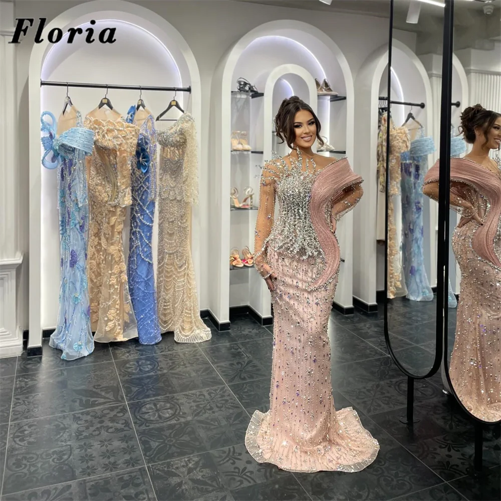 

Вечерние платья с розовыми кристаллами и прозрачным вырезом, 3D рюшами и плечами, платье для выпускного вечера, элегантные платья русалки для свадьбы, дня рождения, по индивидуальному заказу