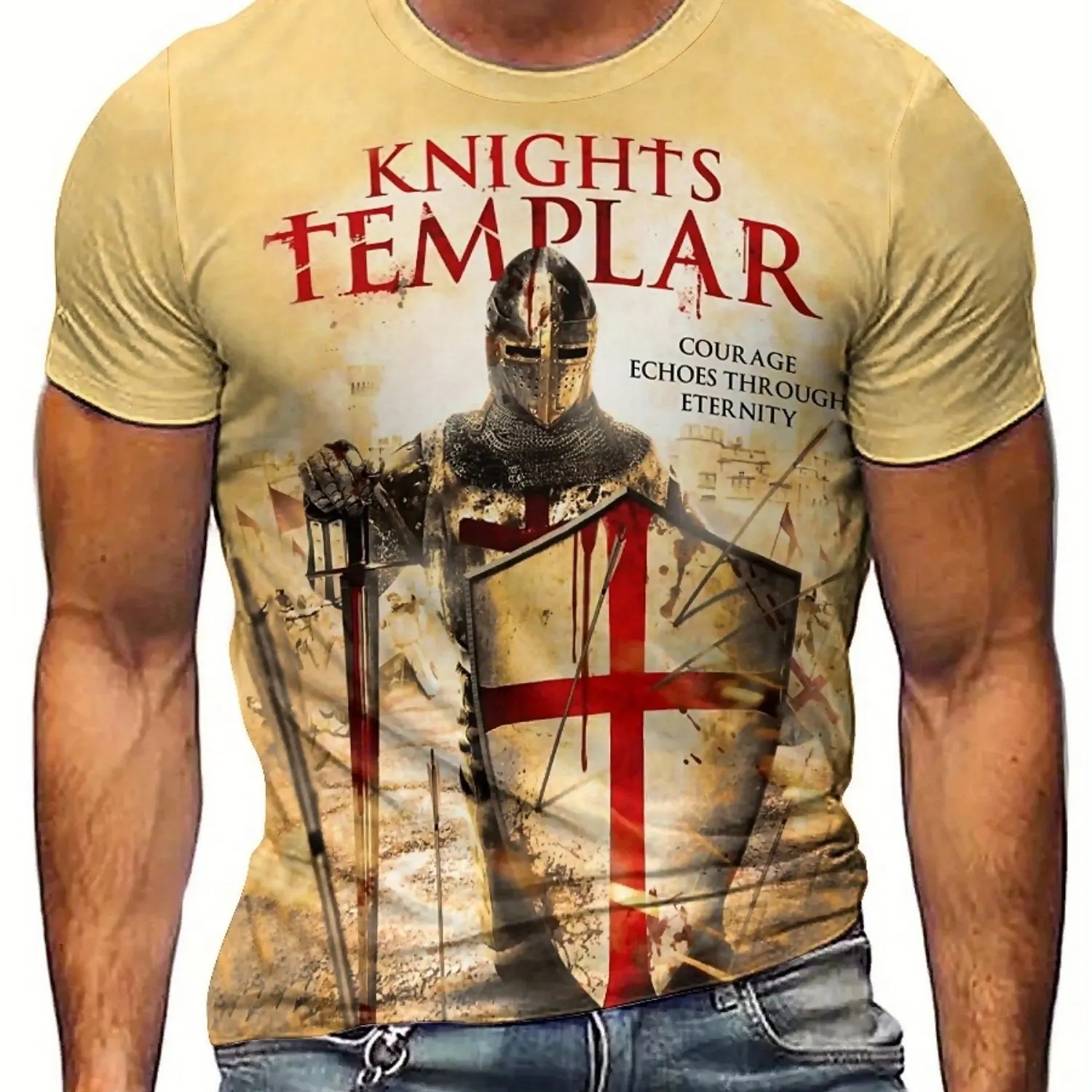 Knights Templar 3D Print Men'S T-Shirt - Soft, Comfortable Polyester Fabric, Short Sleeve, Crew Neck, Geometric Pattern,