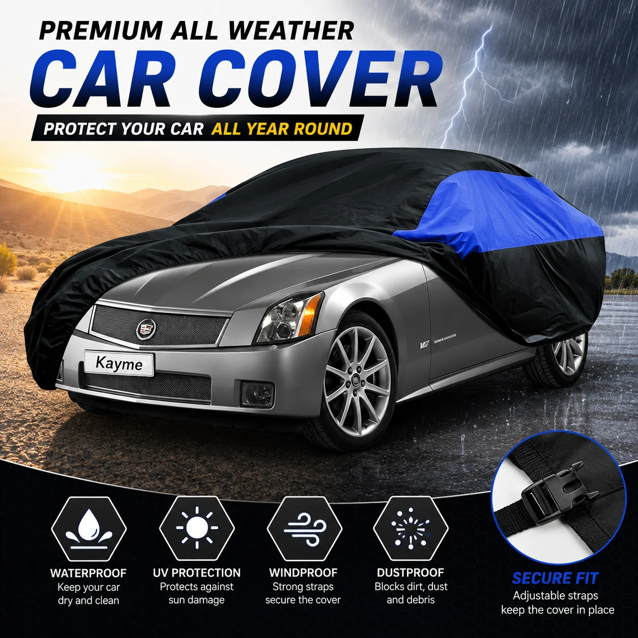 

190T Sedan Car Cover Outdoor Indoor Waterproof All Weather Protection Sun UV Rain Dust Snow Wind Fit for 185 x 70 x 59 inches