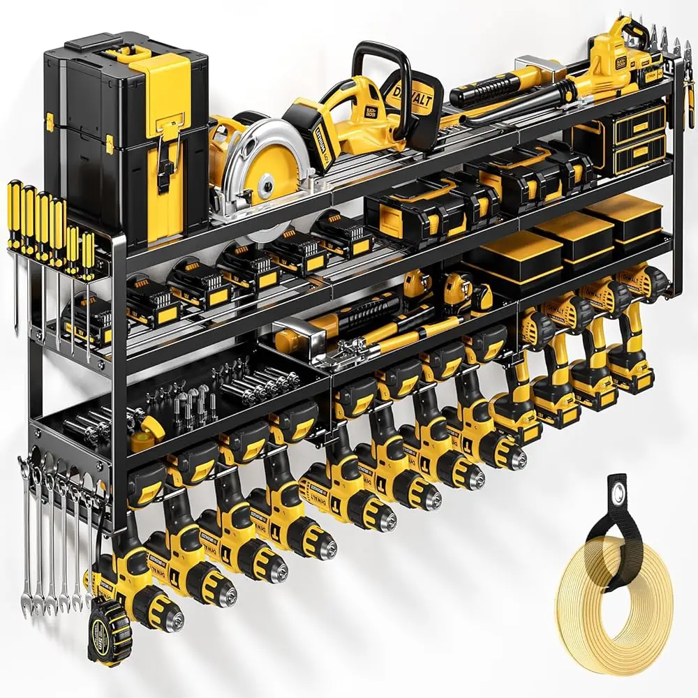 

49"" W Large Power Tool Organizer Wall Mount, Heavy Duty 4 Layers 12 Drill Holder, Cordl Tool Storage Utility Racks Supports