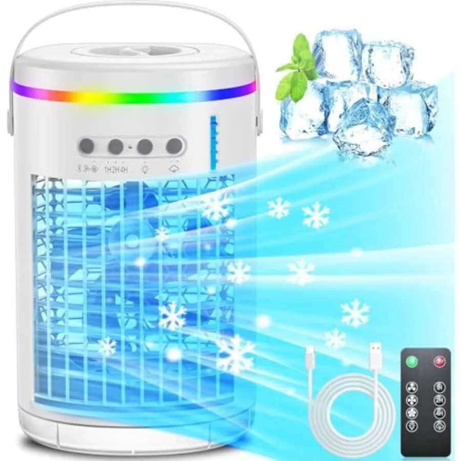 

Mini Evaporative Air Cooler3-IN-1 Portable Small Air Conditioner AC Unit with 1400ML Water Tank Powerful 3 Speeds 7 Colors LED